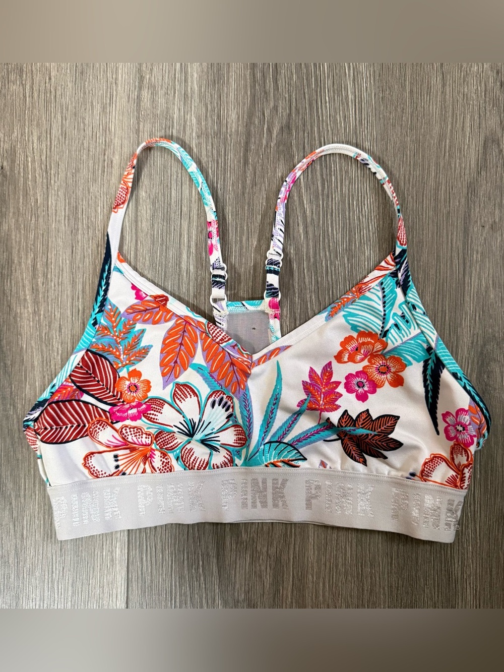 Pink Victoria's Secret Light Grey & Floral Print Mesh Panel Racerback Sports Bra